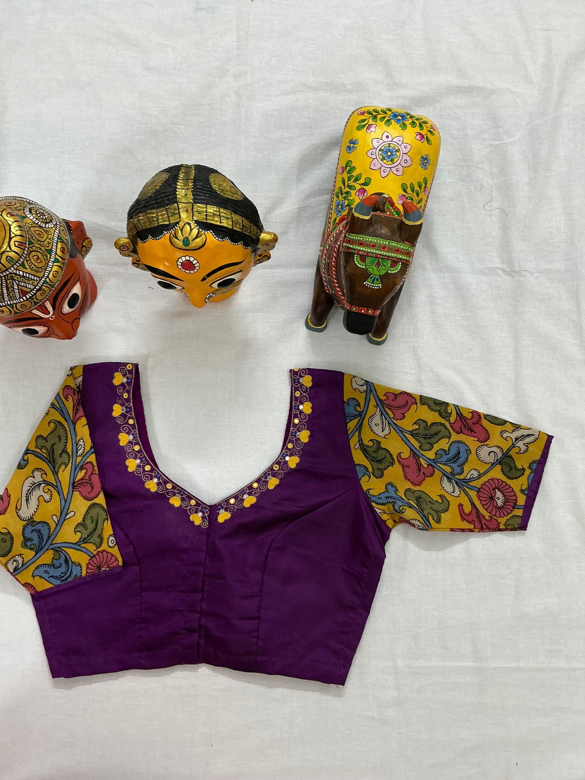 Handcrafted Ready to Wear Blouse : Kanjivaram Silk + Kalamkari (Purple)