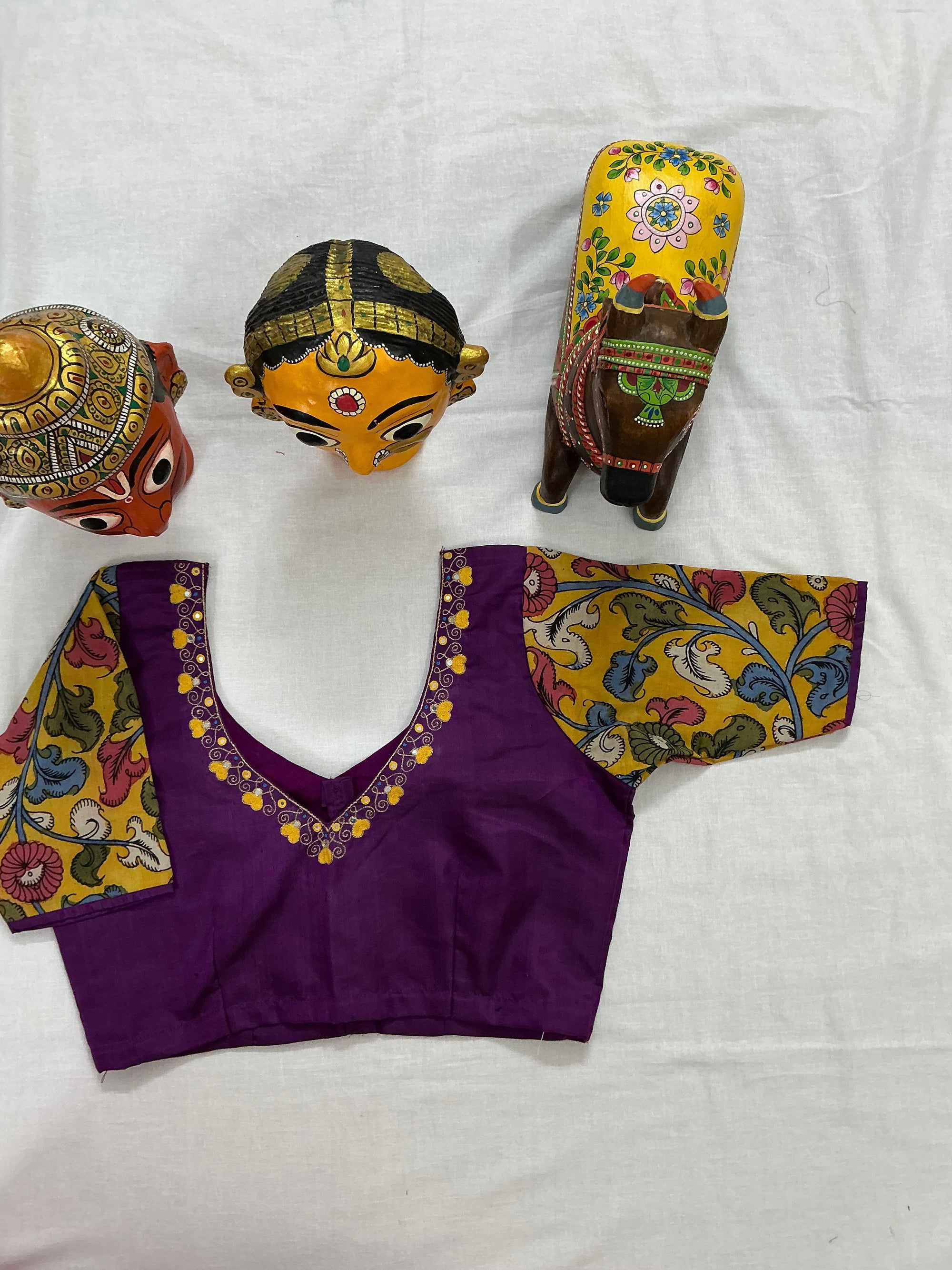 Handcrafted Ready to Wear Blouse : Kanjivaram Silk + Kalamkari (Purple)