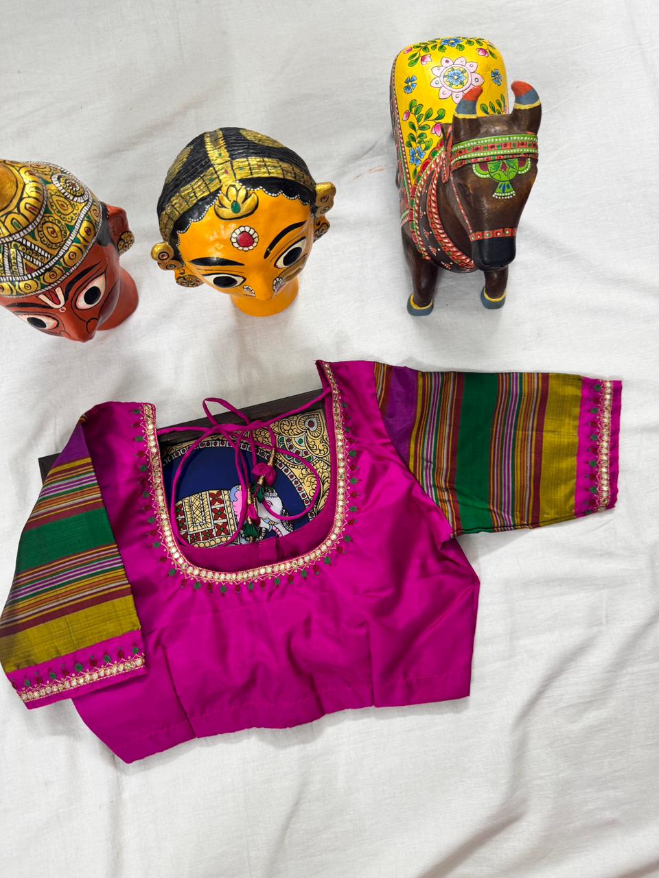 Handcrafted Ready to Wear Blouse : Kanjivaram Silk (Pink with multi color sleeve)