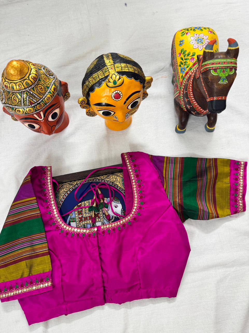 Handcrafted Ready to Wear Blouse : Kanjivaram Silk (Pink with multi color sleeve)