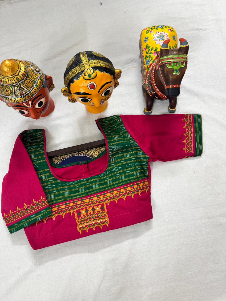 Handcrafted Ready to Wear Blouse : Pink &amp; Green Ikat
