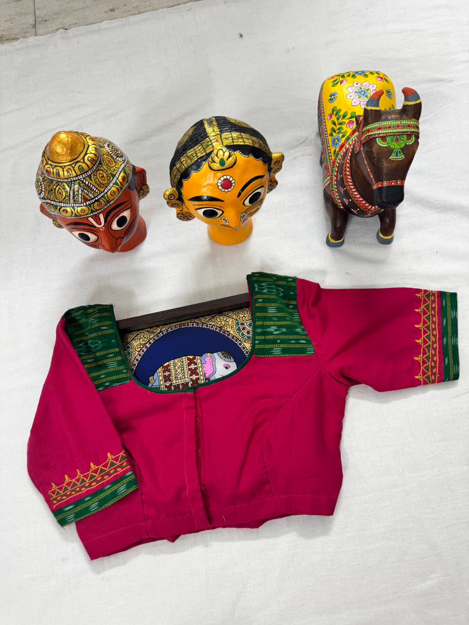 Handcrafted Ready to Wear Blouse : Pink &amp; Green Ikat