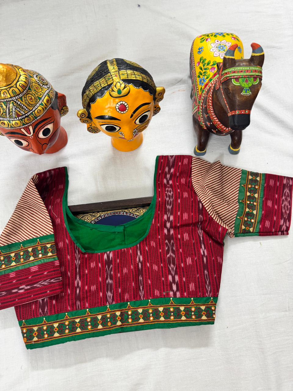 Handcrafted Ready to Wear Blouse : Green &amp; Red Ikat