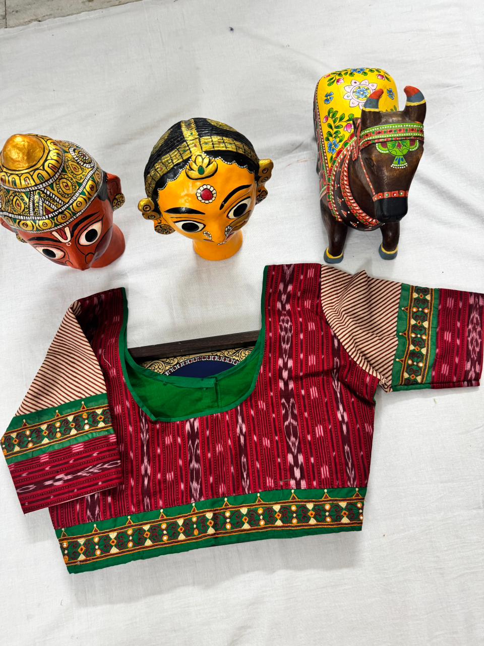 Handcrafted Ready to Wear Blouse : Green &amp; Red Ikat
