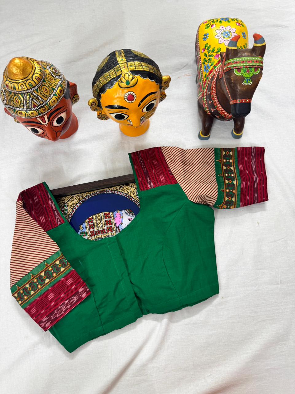 Handcrafted Ready to Wear Blouse : Green &amp; Red Ikat