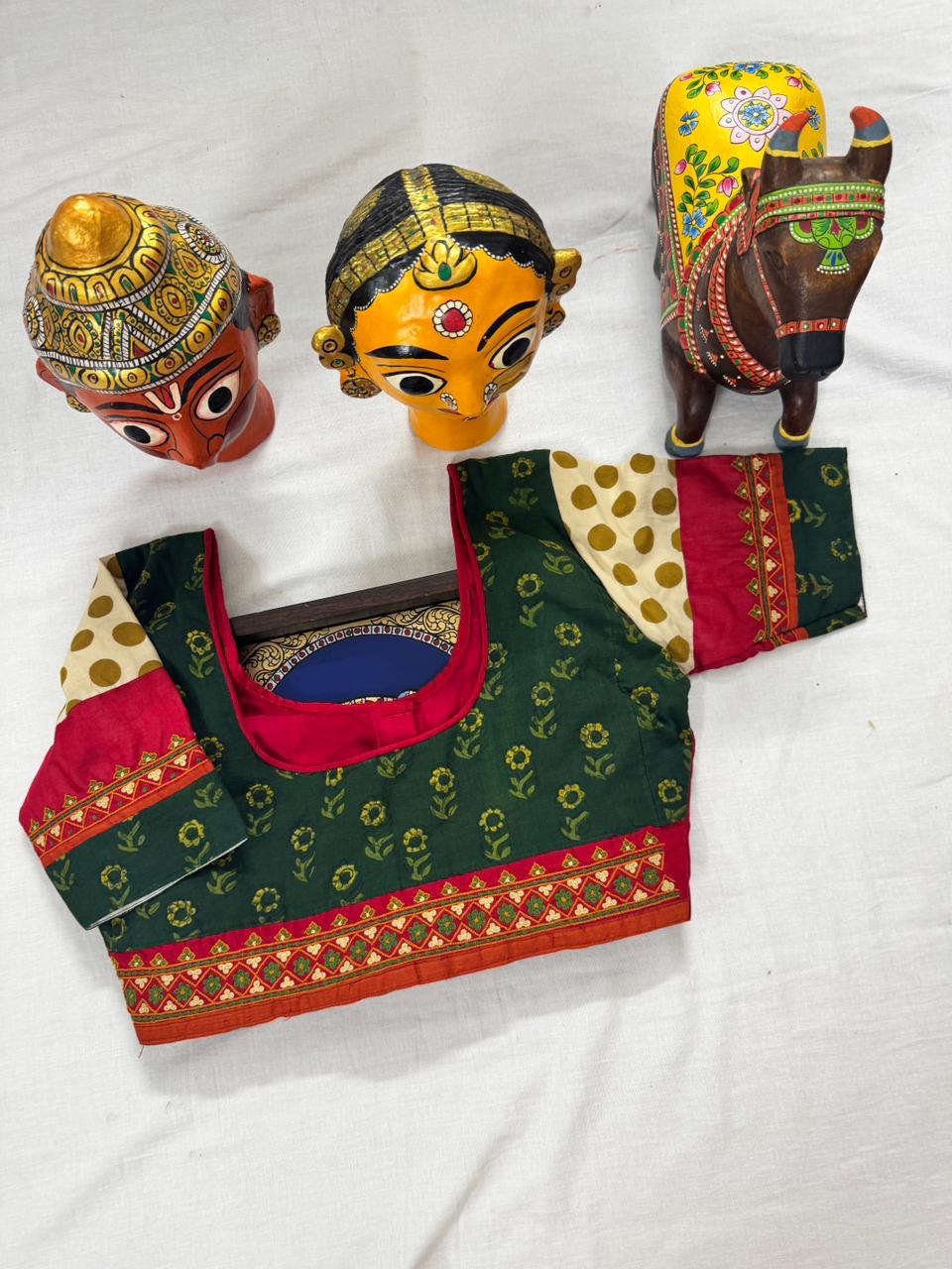 Handcrafted Ready to Wear Blouse : Red &amp; Green blockprints