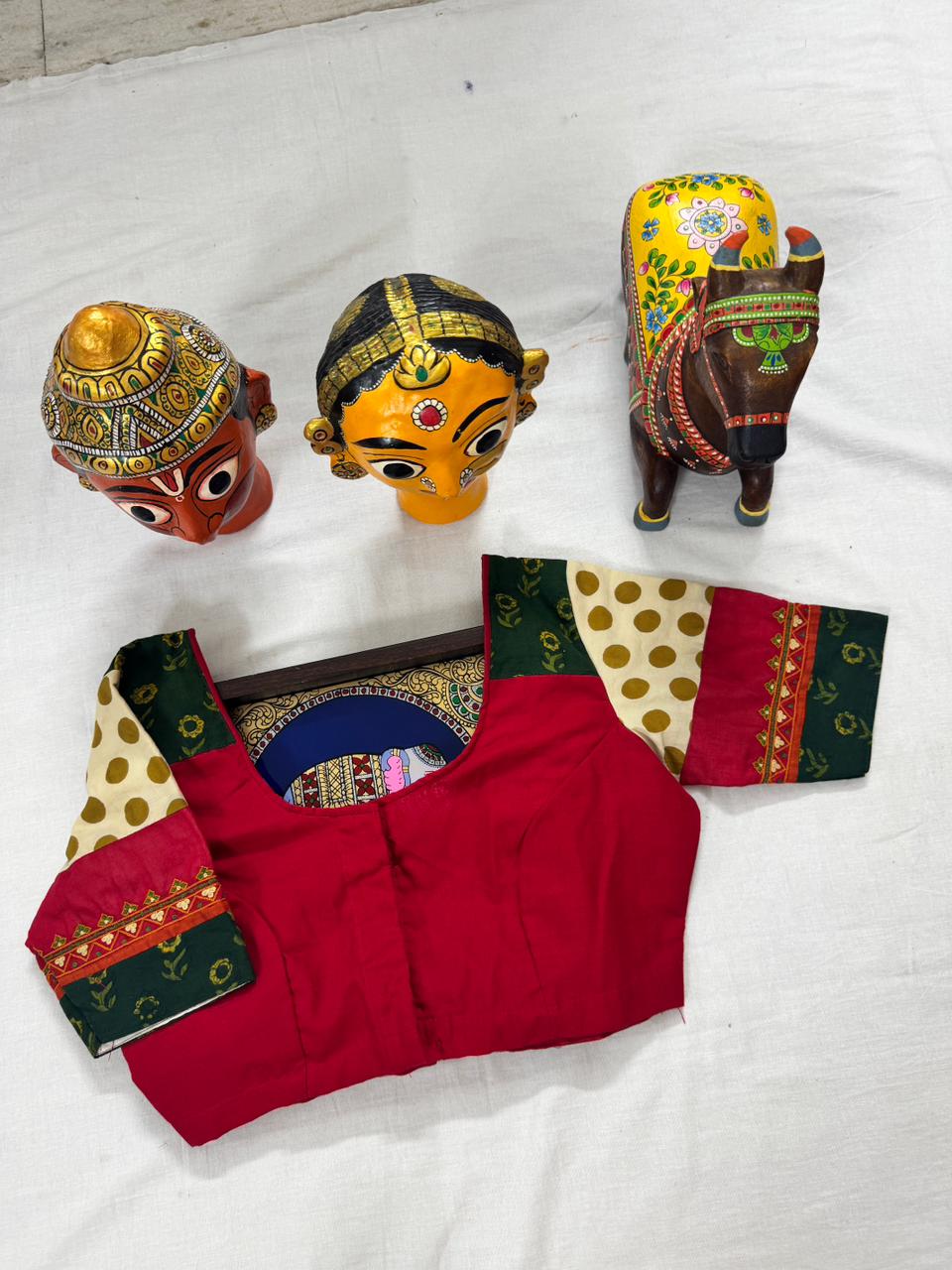Handcrafted Ready to Wear Blouse : Red &amp; Green blockprints