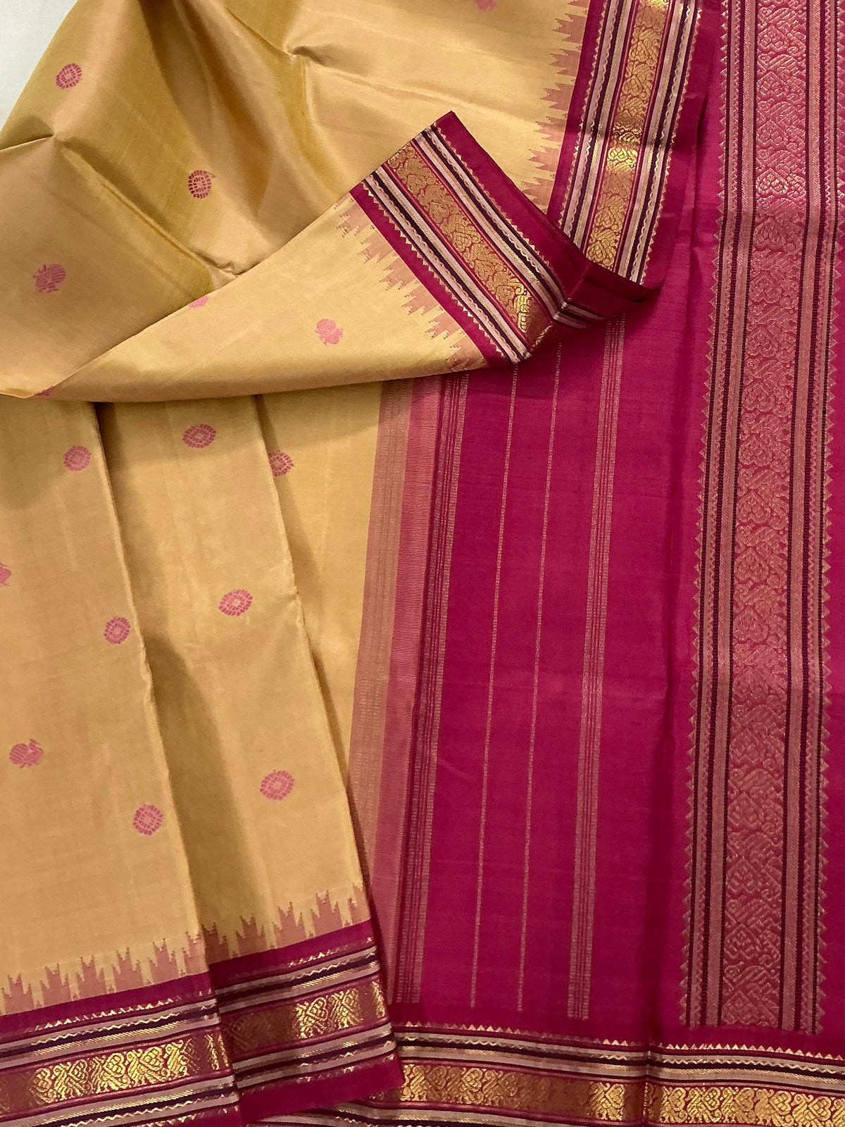 MAATHEY: Korvai Kanjivaram Silk (Biscuit &amp; Ruby pink)
