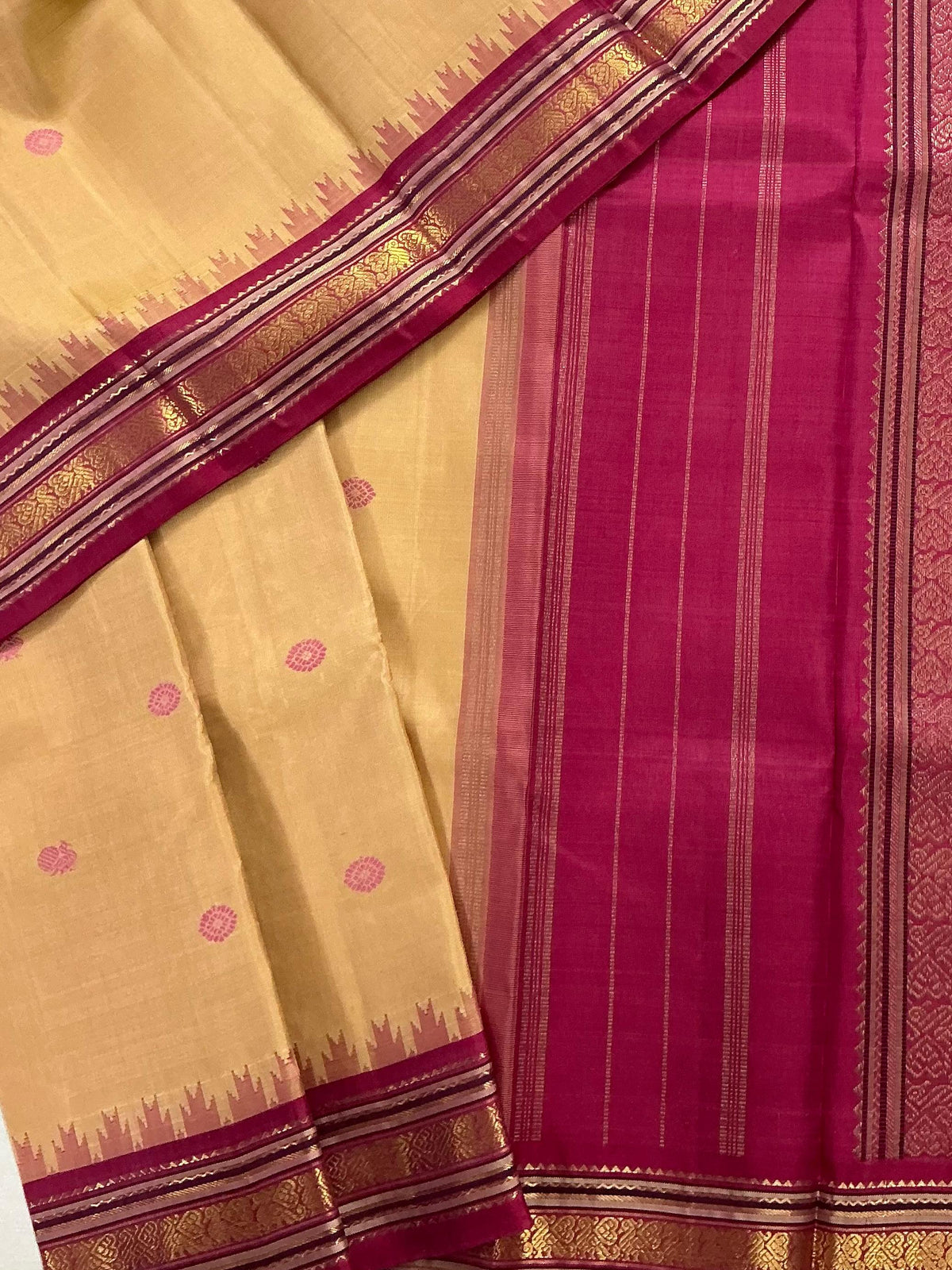 MAATHEY: Korvai Kanjivaram Silk (Biscuit &amp; Ruby pink)