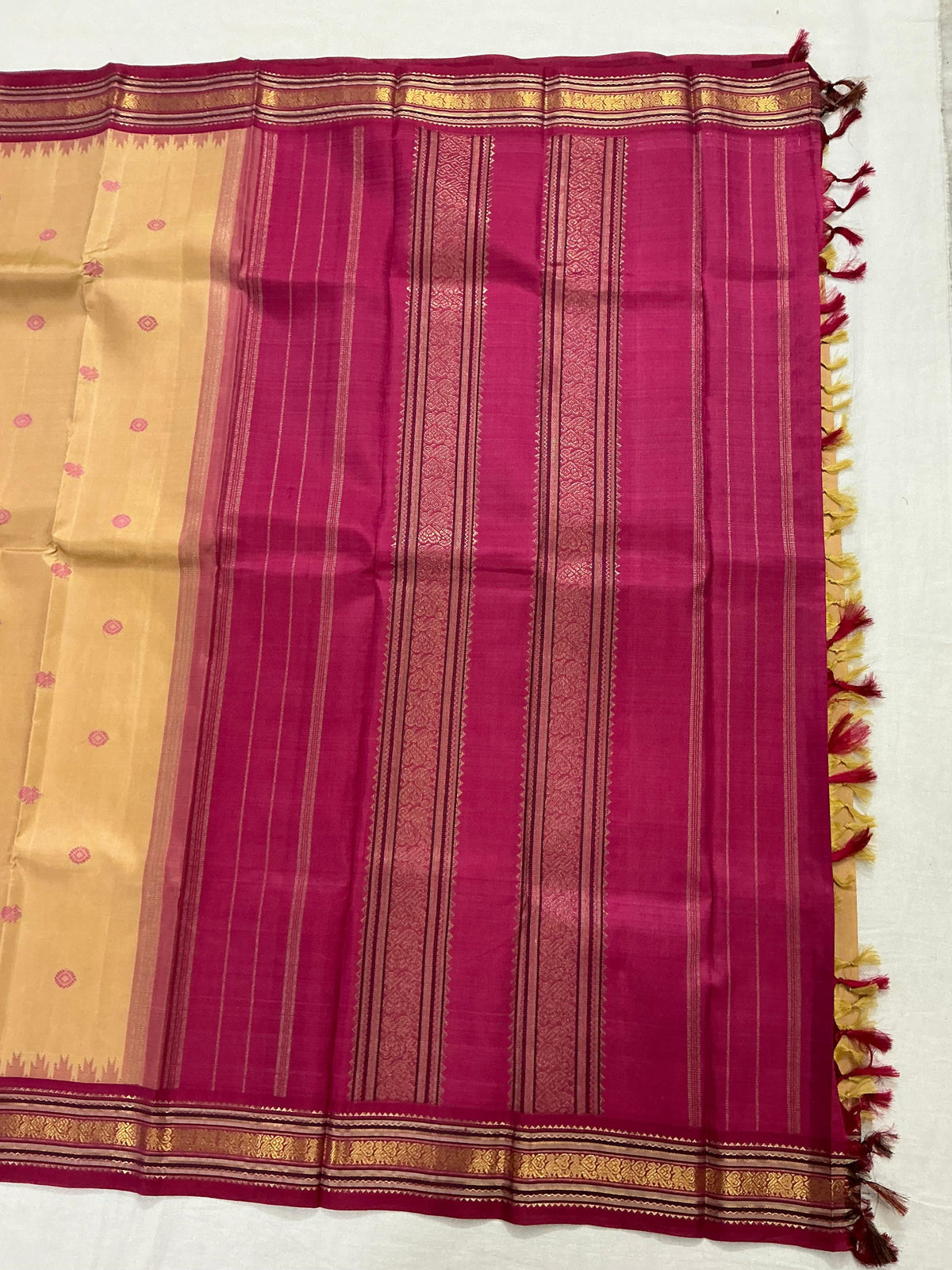 MAATHEY: Korvai Kanjivaram Silk (Biscuit &amp; Ruby pink)
