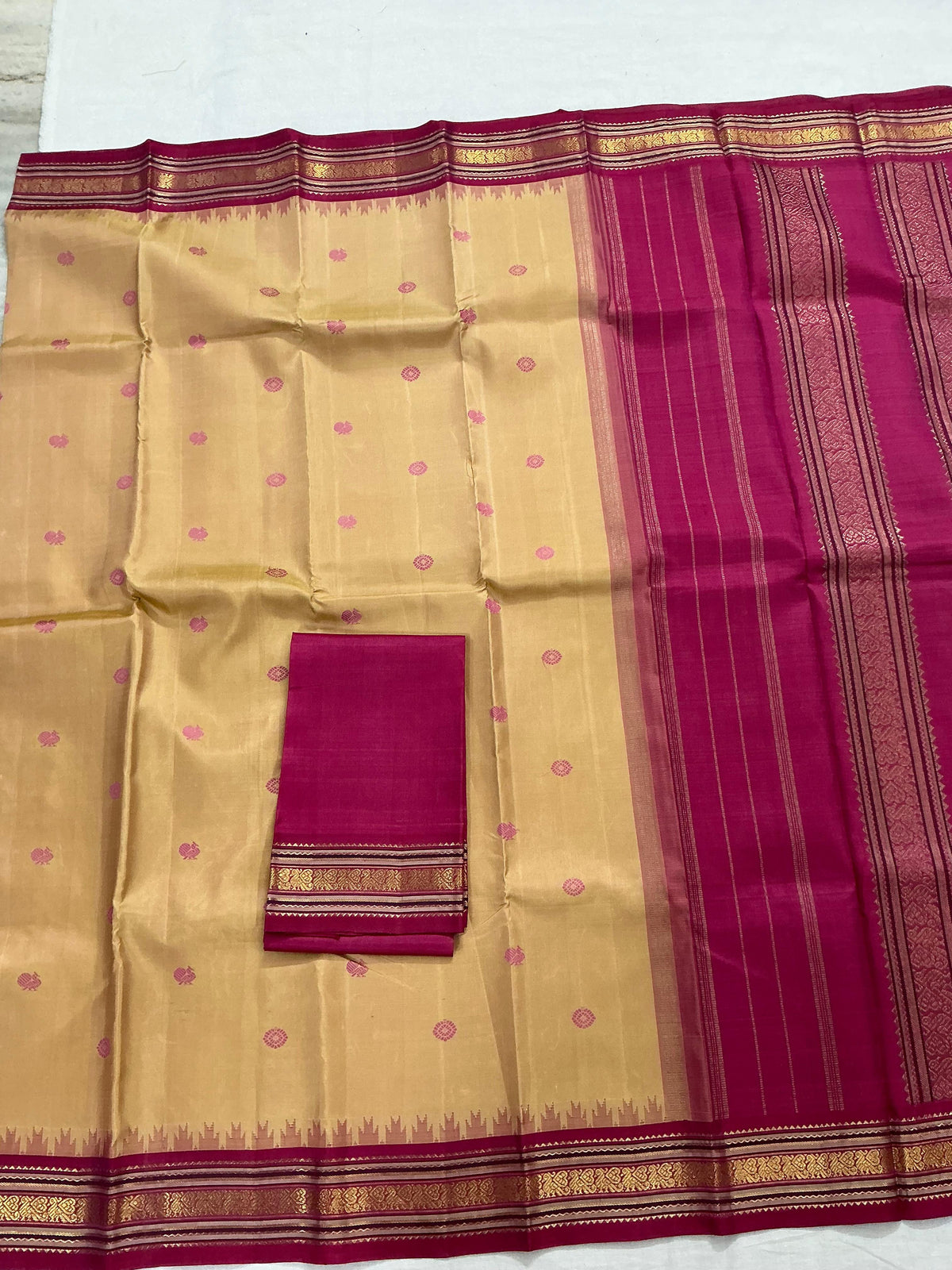 MAATHEY: Korvai Kanjivaram Silk (Biscuit &amp; Ruby pink)