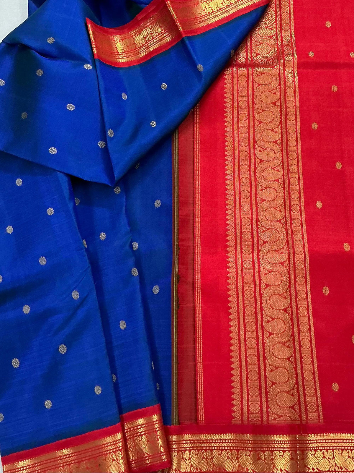 MAATHEY: Korvai Kanjivaram Silk (Peacock blue &amp; Red)