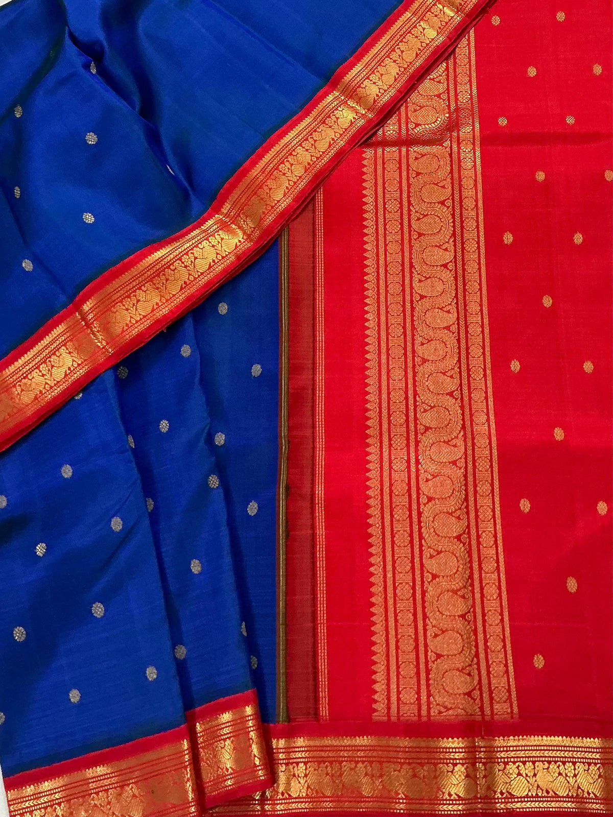 MAATHEY: Korvai Kanjivaram Silk (Peacock blue &amp; Red)