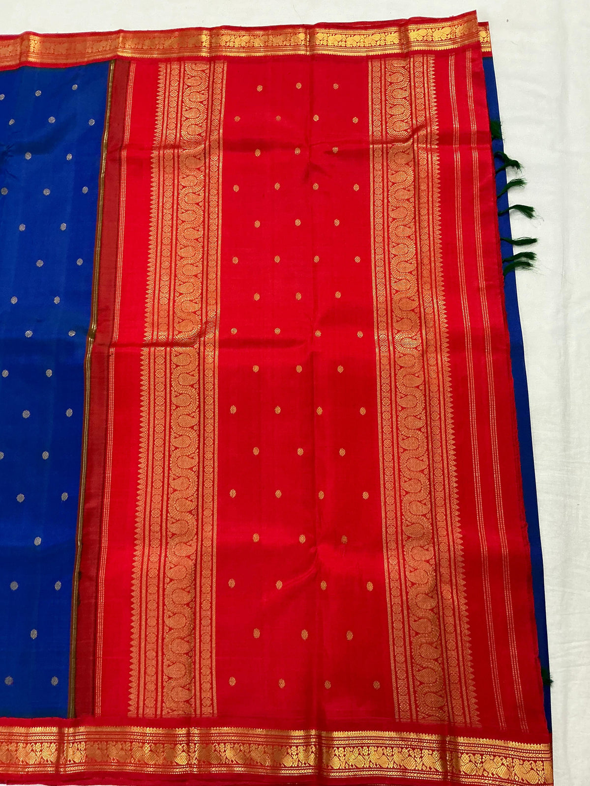 MAATHEY: Korvai Kanjivaram Silk (Peacock blue &amp; Red)