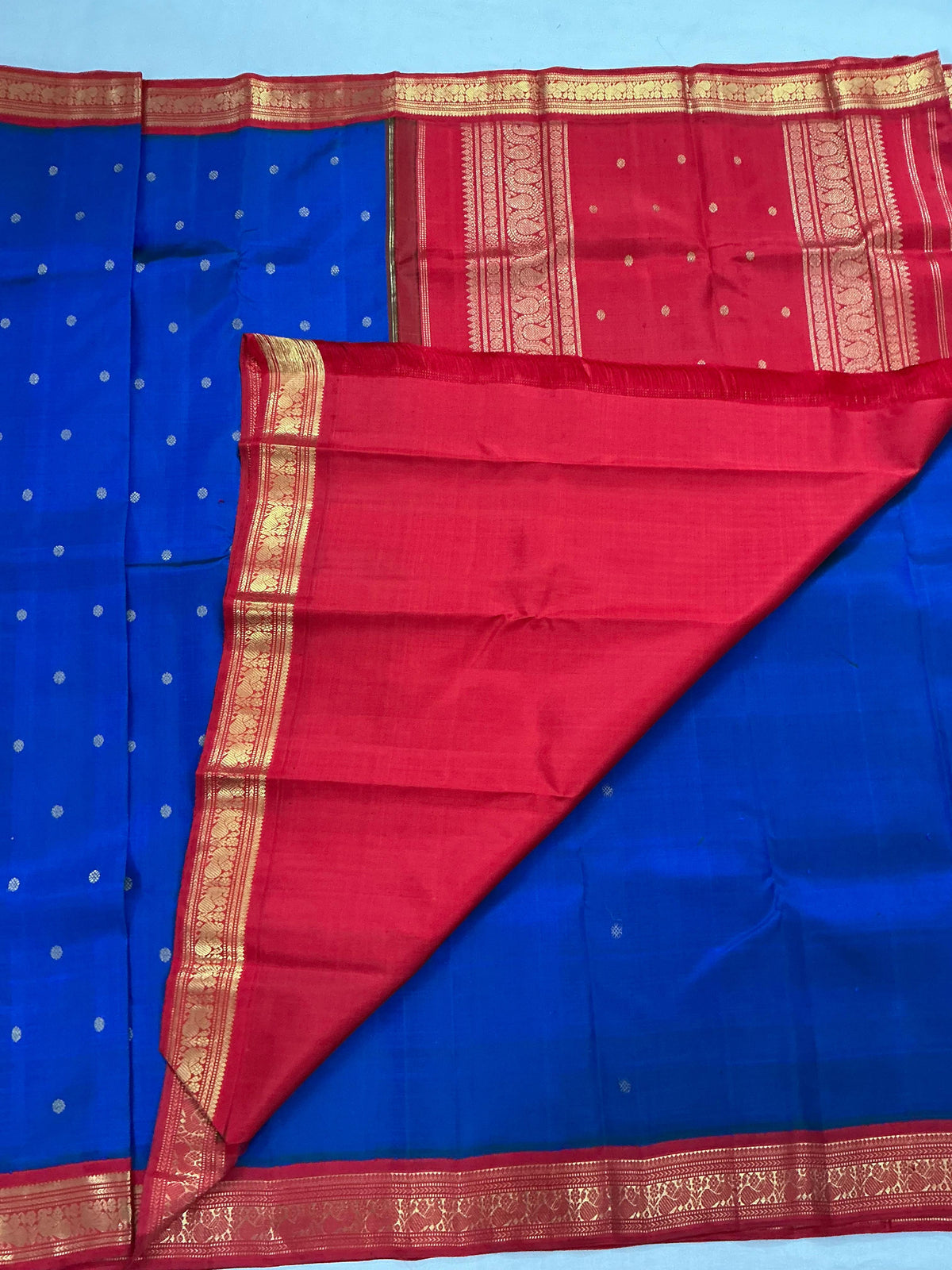 MAATHEY: Korvai Kanjivaram Silk (Peacock blue &amp; Red)