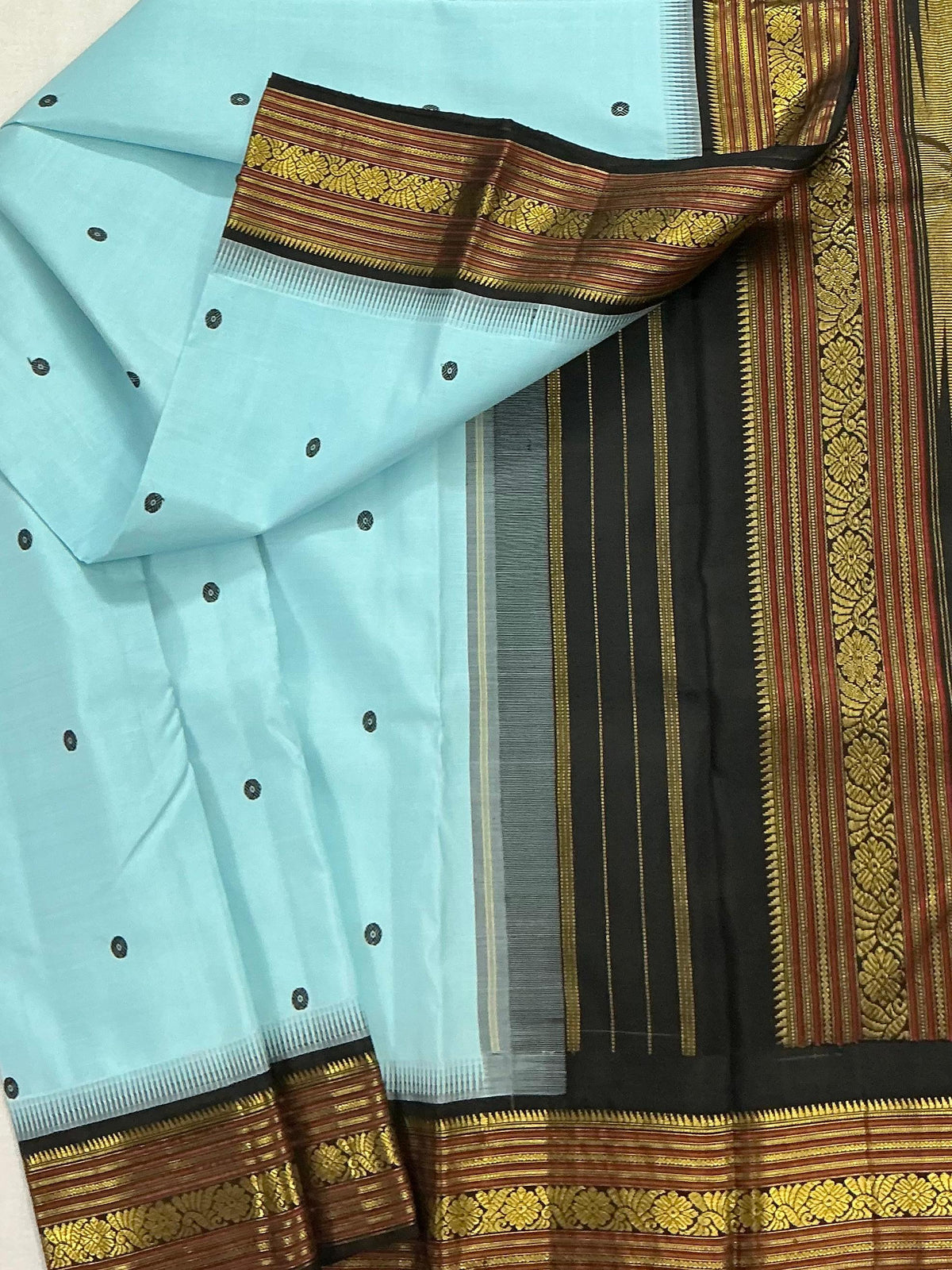 MAATHEY: Korvai Kanjivaram Silk (Powder blue &amp; Black)