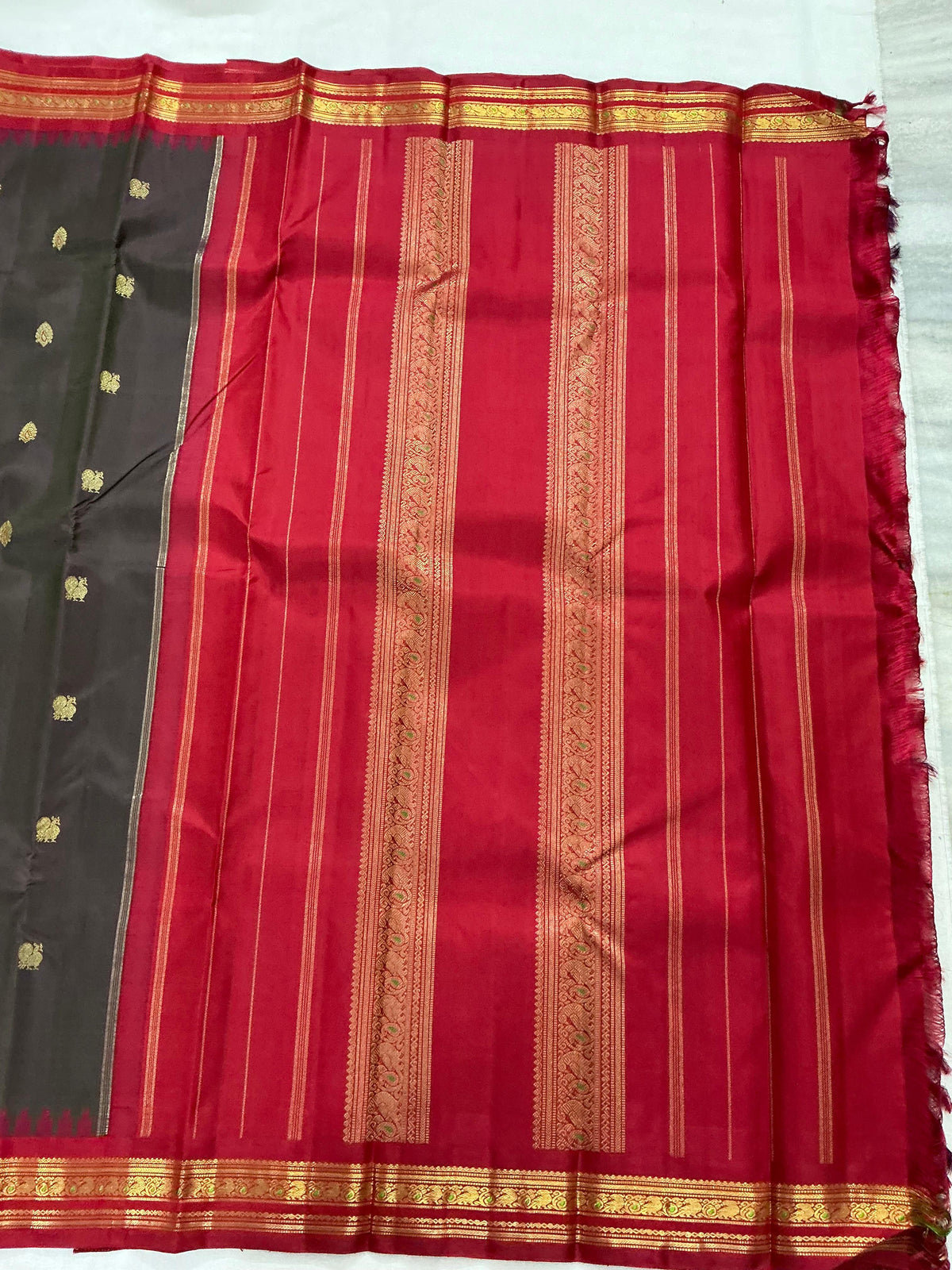 MAATHEY: Korvai Kanjivaram Silk (Coffee Brown and Arakku)