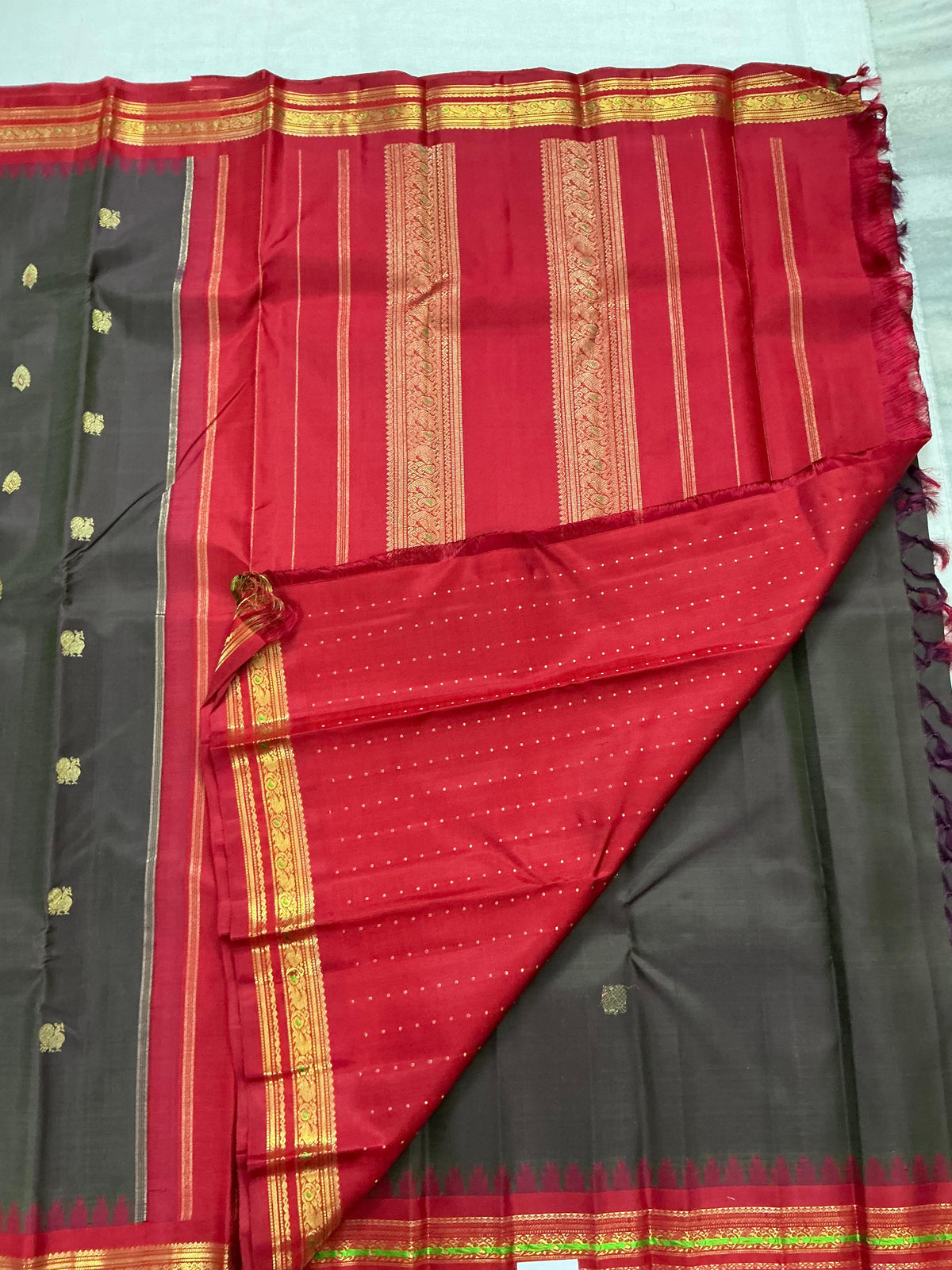 MAATHEY: Korvai Kanjivaram Silk (Coffee Brown and Arakku)