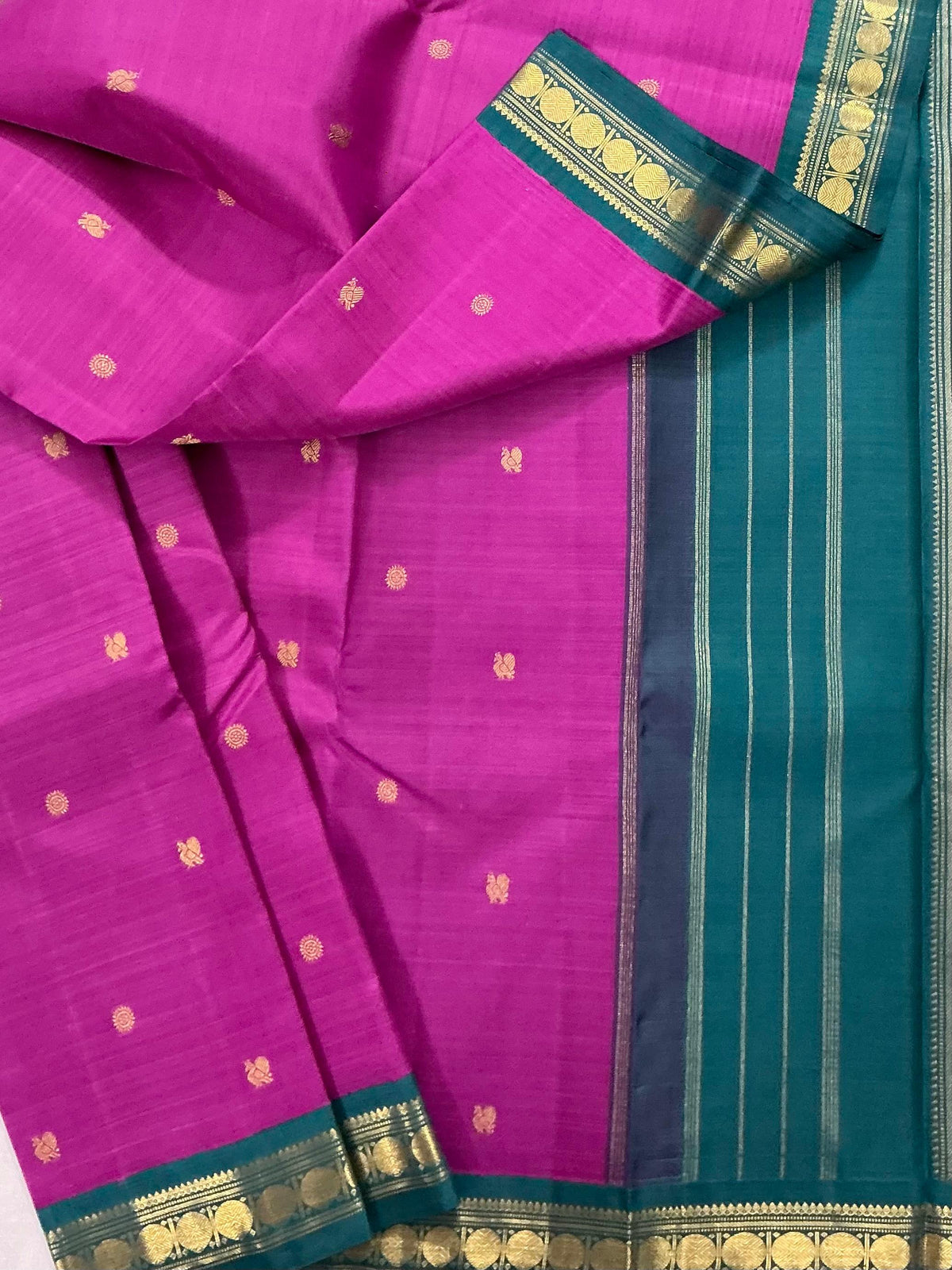 MAATHEY: Korvai Kanjivaram Silk (Purple Pink + Teal)