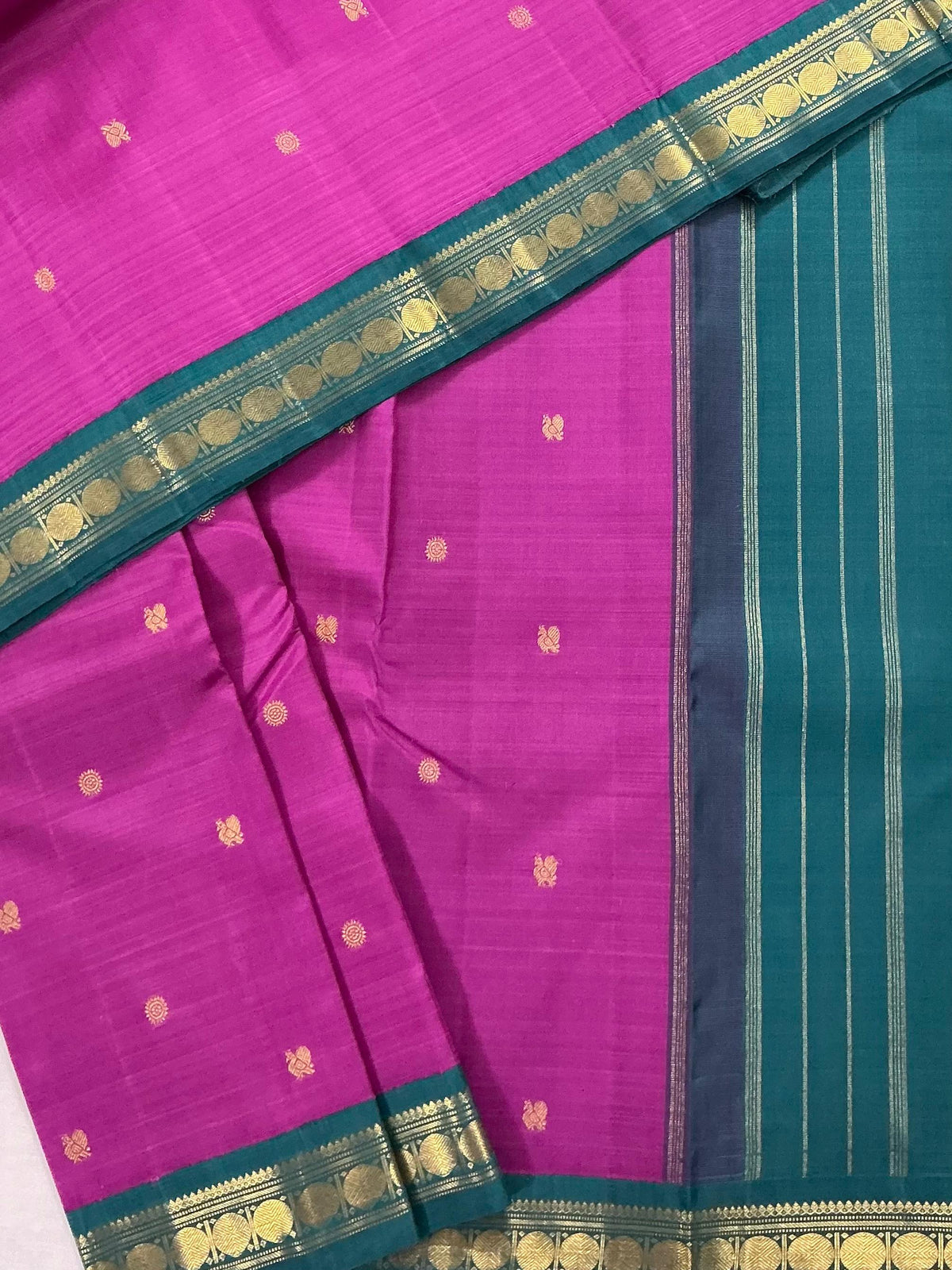 MAATHEY: Korvai Kanjivaram Silk (Purple Pink + Teal)