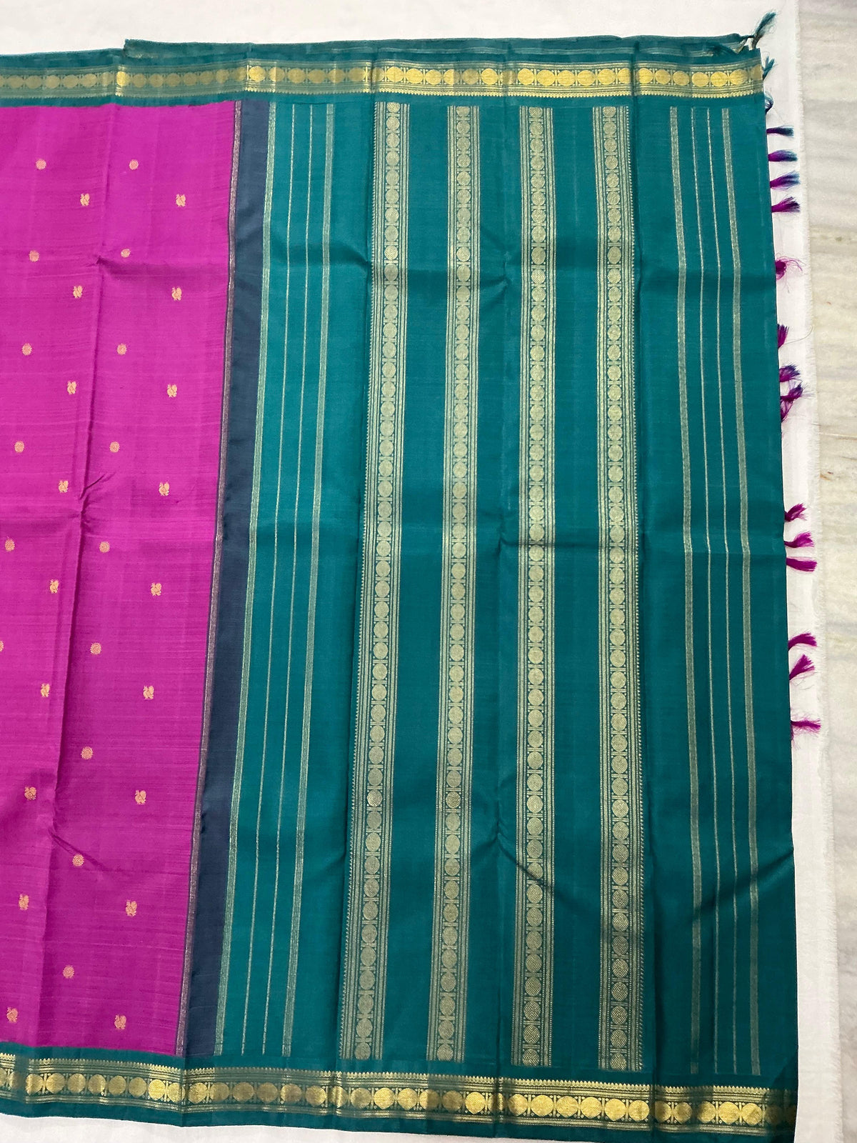 MAATHEY: Korvai Kanjivaram Silk (Purple Pink + Teal)