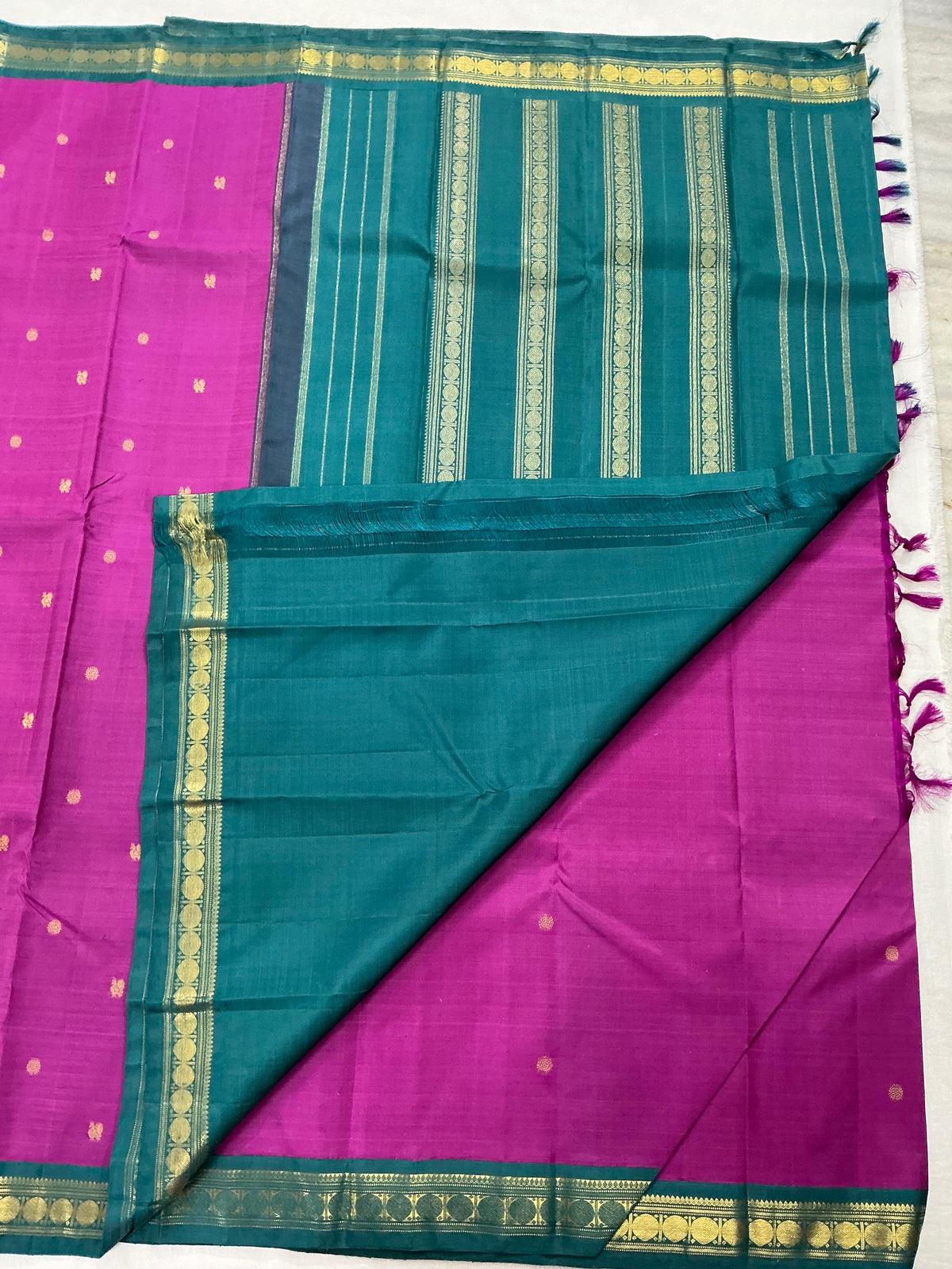 MAATHEY: Korvai Kanjivaram Silk (Purple Pink + Teal)
