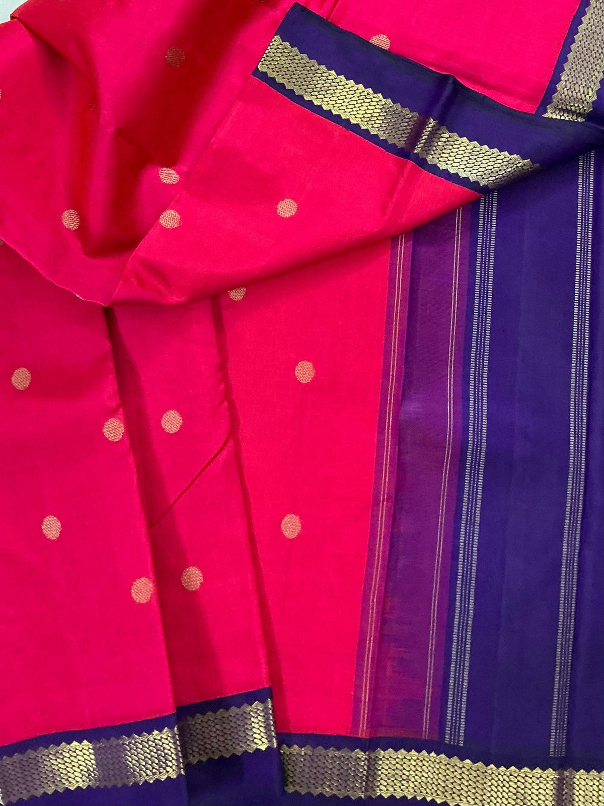 MAATHEY: Korvai Kanjivaram Silk (Shot pink + Ink Blue)