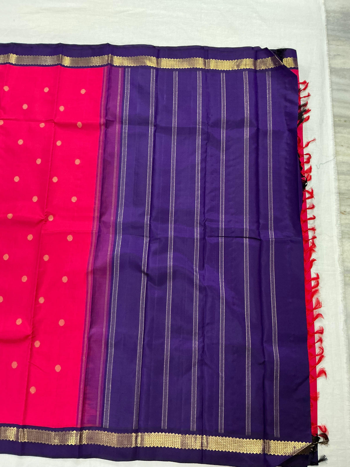 MAATHEY: Korvai Kanjivaram Silk (Shot pink + Ink Blue)
