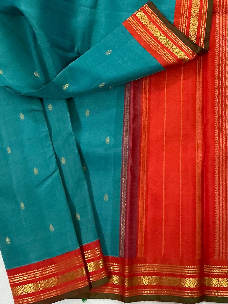 MAATHEY: Korvai Kanjivaram Silk (Jewel tone blue + Orange)