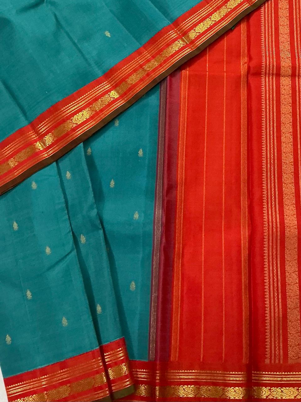 MAATHEY: Korvai Kanjivaram Silk (Jewel tone blue + Orange)
