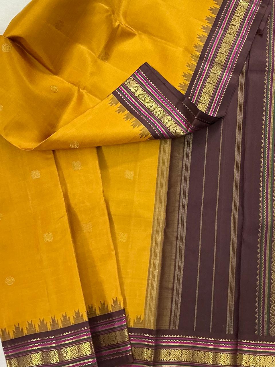 MAATHEY: Korvai Kanjivaram Silk (Pineapple Yellow + Brown)
