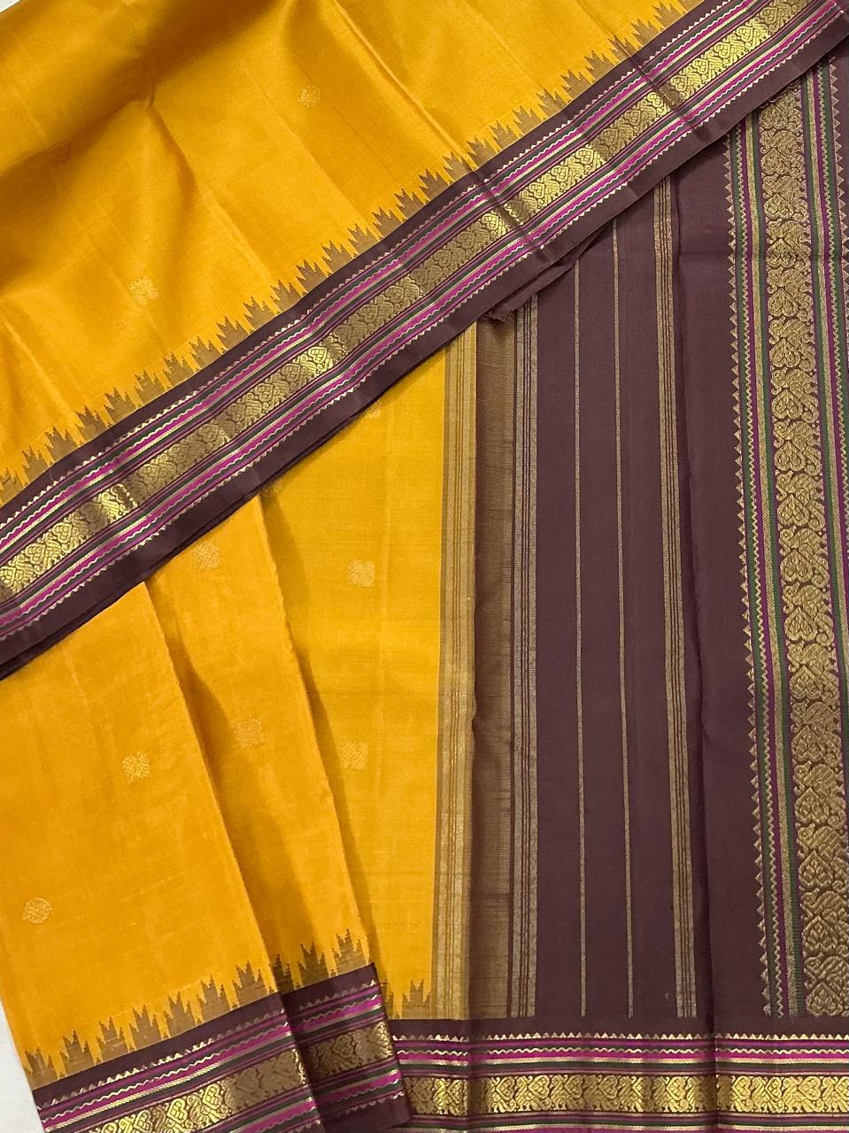MAATHEY: Korvai Kanjivaram Silk (Pineapple Yellow + Brown)