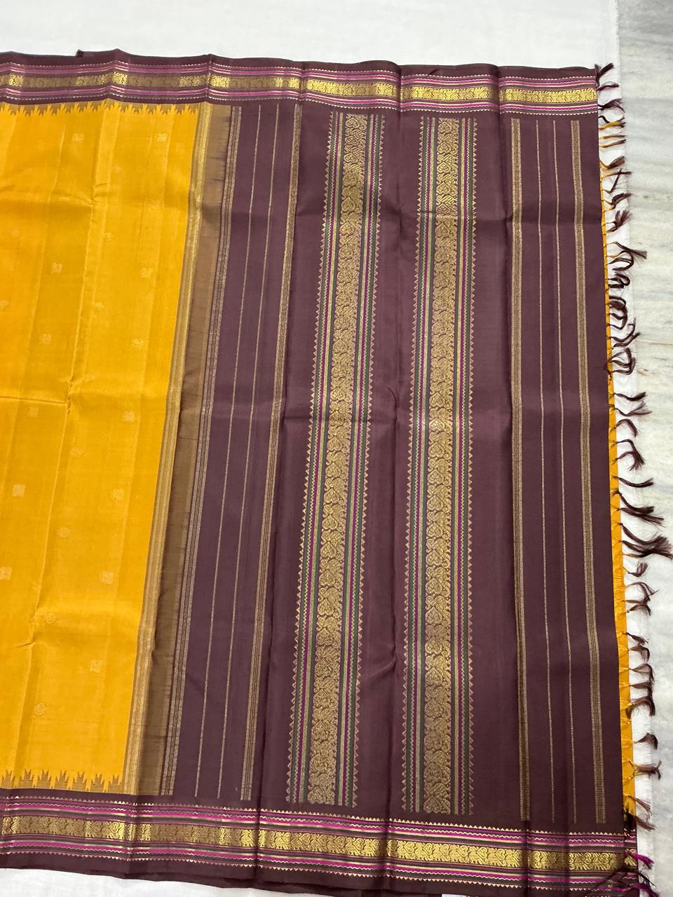 MAATHEY: Korvai Kanjivaram Silk (Pineapple Yellow + Brown)