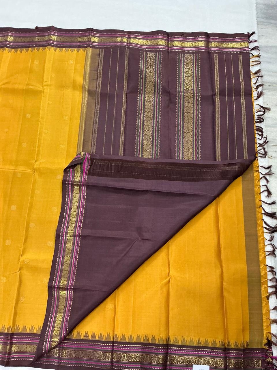 MAATHEY: Korvai Kanjivaram Silk (Pineapple Yellow + Brown)