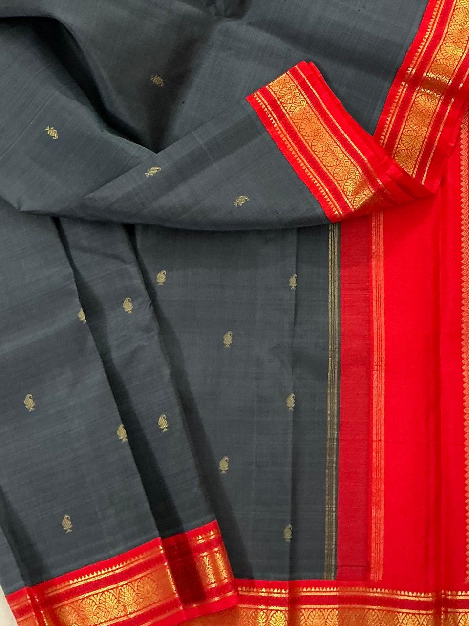MAATHEY: Small border Kanjivaram Silk (Elephant Grey &amp; Red)