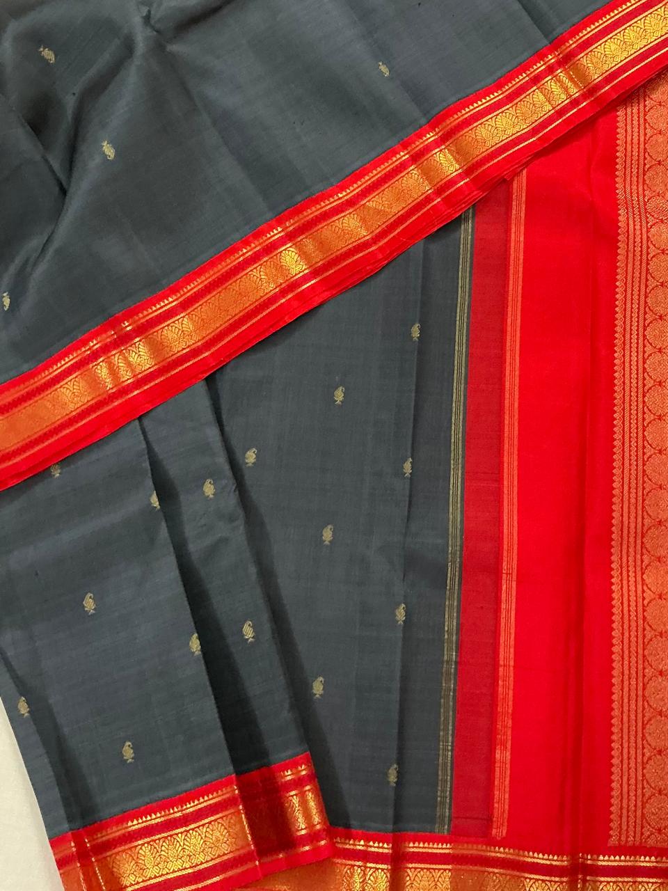MAATHEY: Small border Kanjivaram Silk (Elephant Grey &amp; Red)