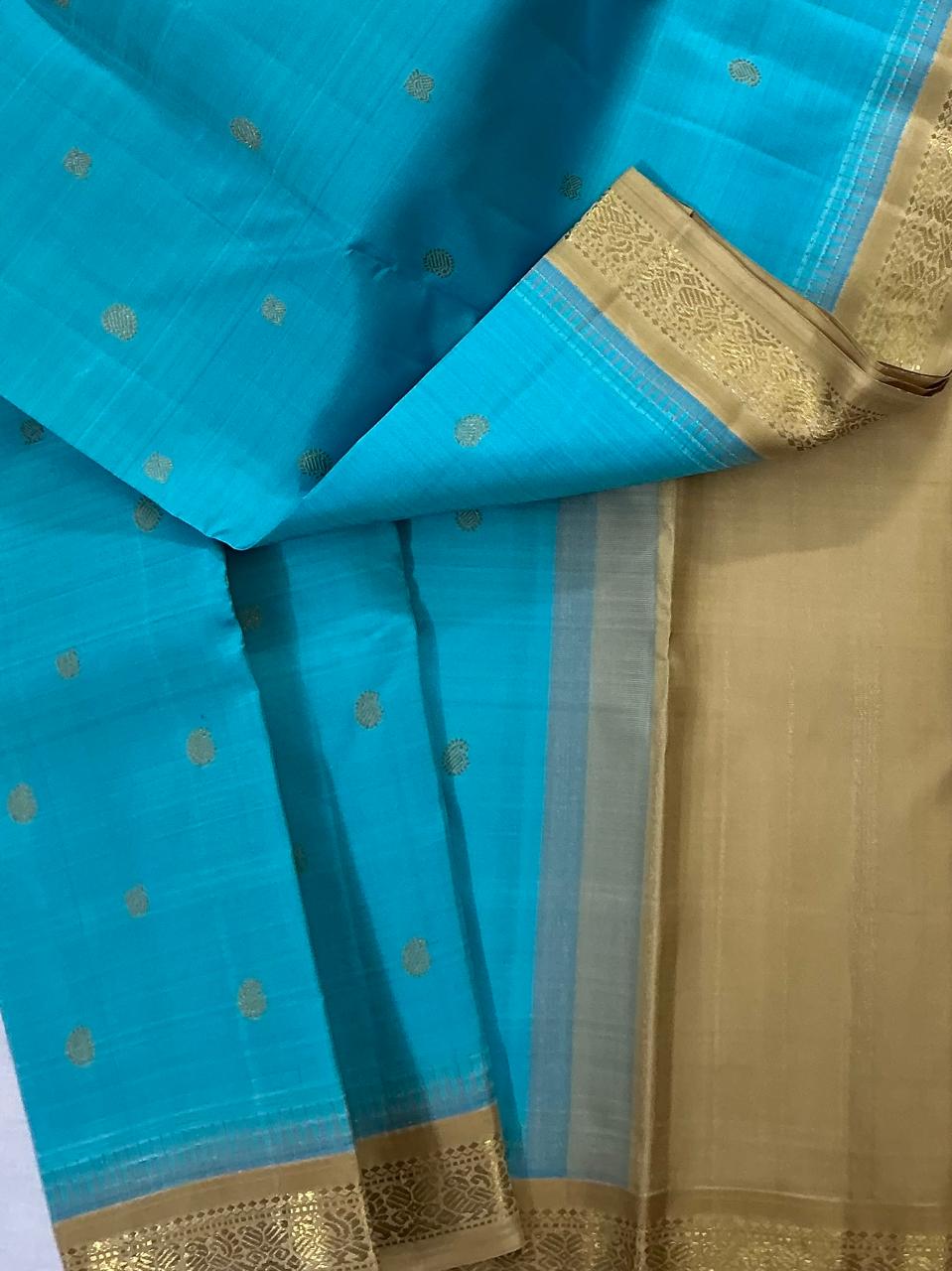 MAATHEY: Small border Kanjivaram Silk (Deep Sky blue &amp; Gold)
