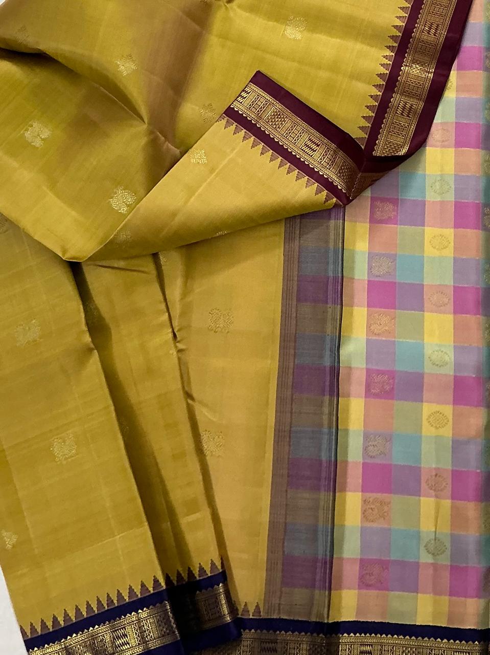 MAATHEY: Small border Kanjivaram Silk (Golden Ochre and Paalum Pazhamum)