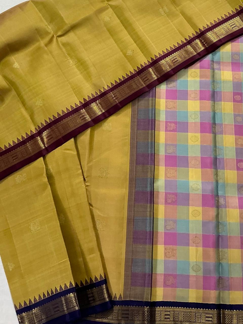 MAATHEY: Small border Kanjivaram Silk (Golden Ochre and Paalum Pazhamum)