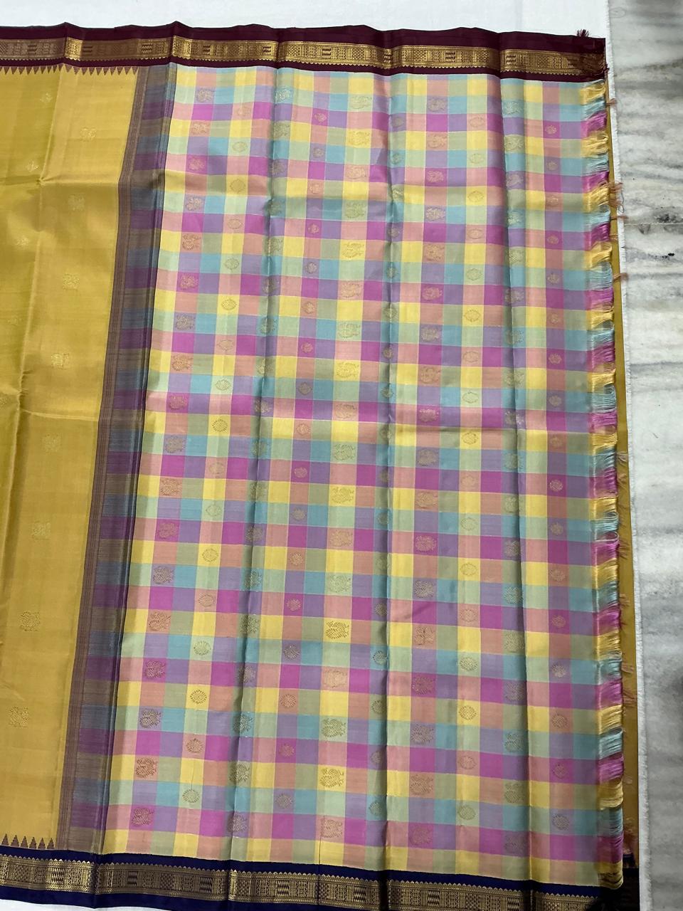 MAATHEY: Small border Kanjivaram Silk (Golden Ochre and Paalum Pazhamum)