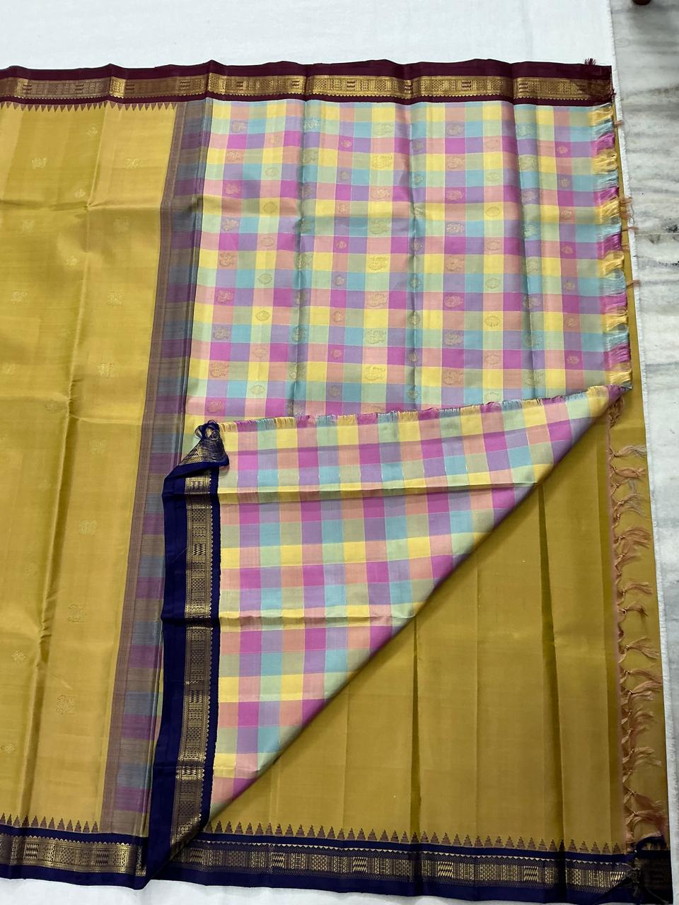 MAATHEY: Small border Kanjivaram Silk (Golden Ochre and Paalum Pazhamum)