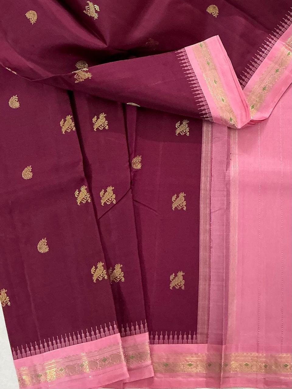 MAATHEY: Small border Kanjivaram Silk (Deep Burgundy &amp; Mauve)