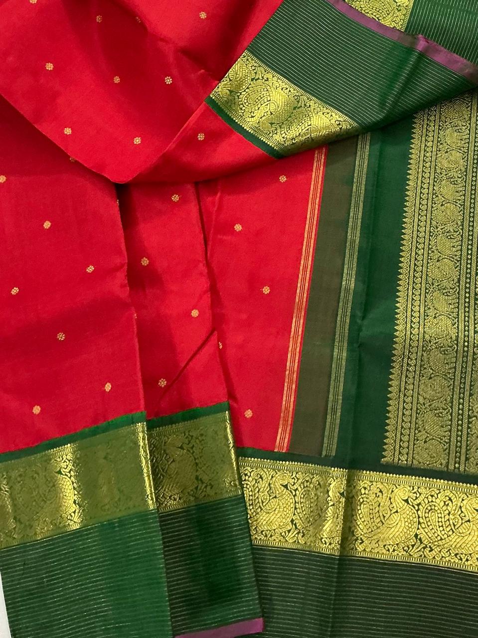 MYTHILI:   Korvai Kanjivaram Silk (Orange - Red + Green)