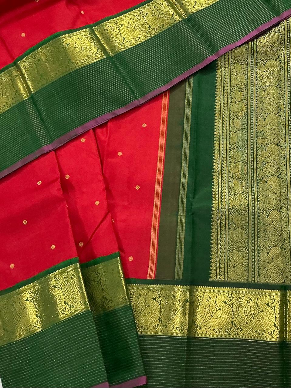 MYTHILI:   Korvai Kanjivaram Silk (Orange - Red + Green)