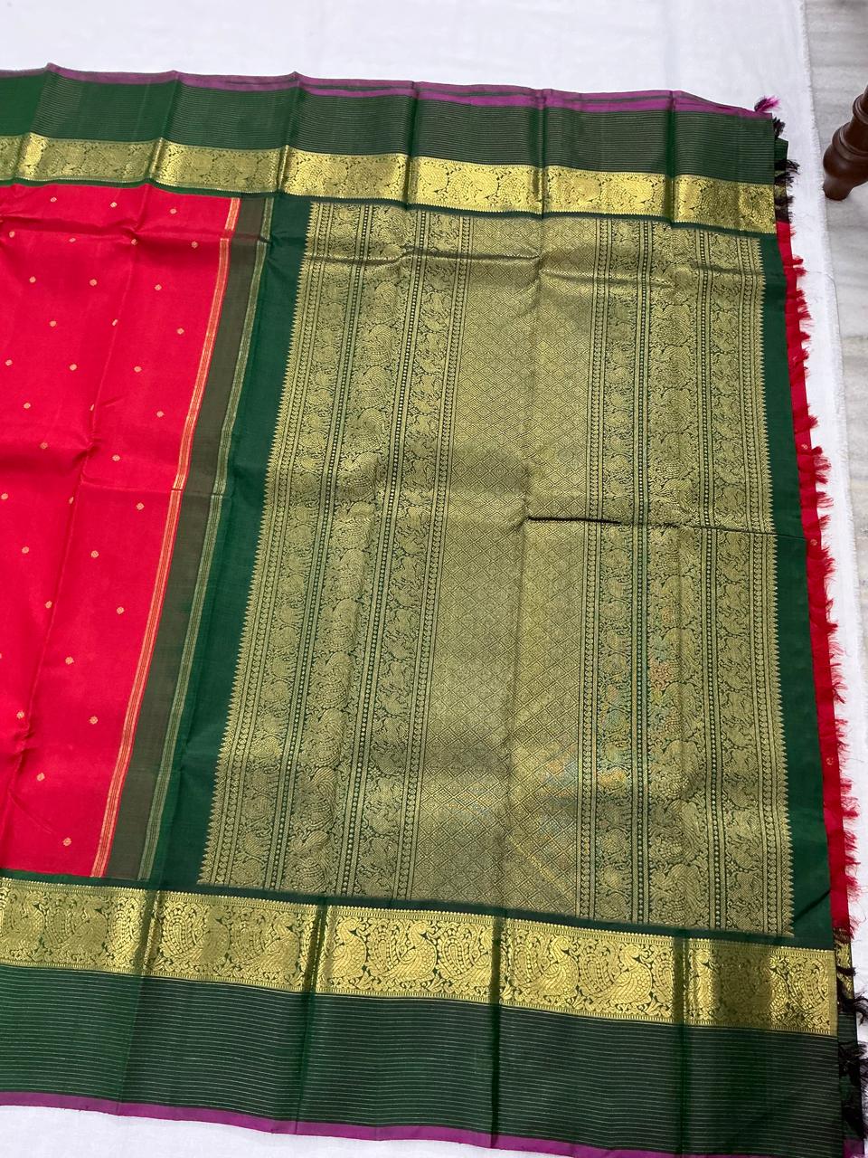 MYTHILI:   Korvai Kanjivaram Silk (Orange - Red + Green)