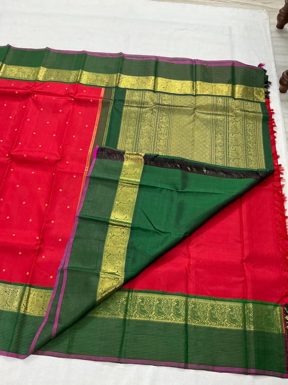 MYTHILI:   Korvai Kanjivaram Silk (Orange - Red + Green)