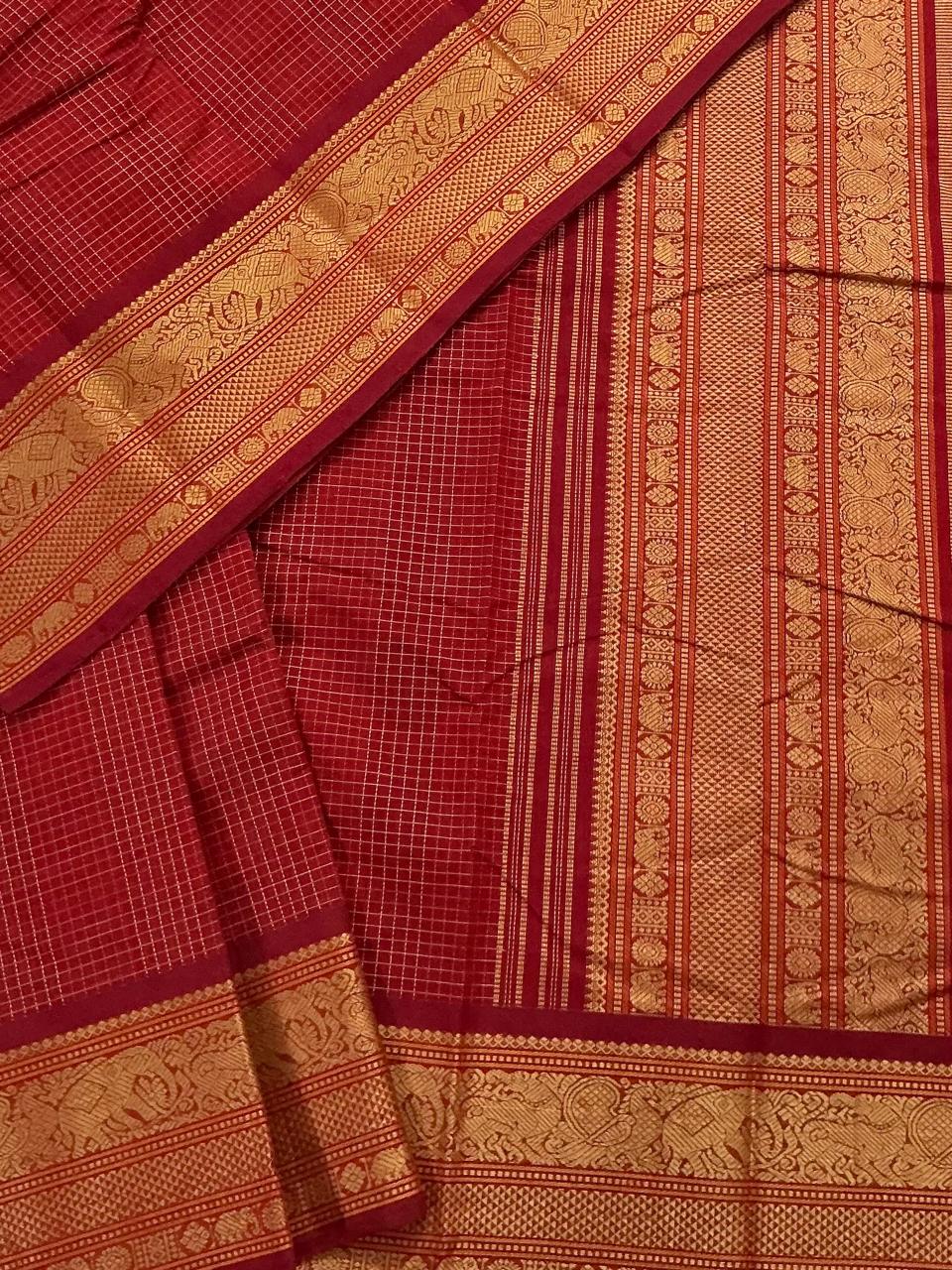Handwoven Kanchi cotton :Red Checks