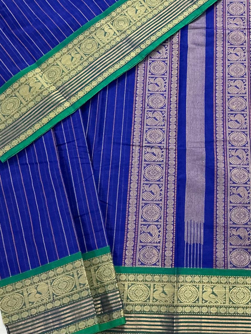 Handwoven Kanchi cotton : Royal Blue (Vertical Stripes)