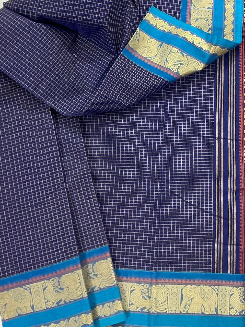 Handwoven Kanchi cotton : Navy Blue Checks