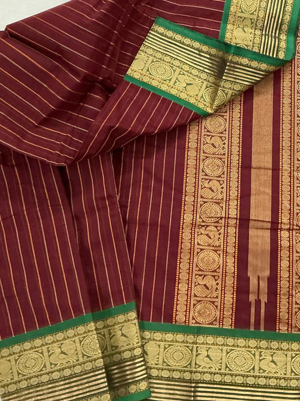 Handwoven Kanchi cotton : Deep Maroon (Vertical Stripes)
